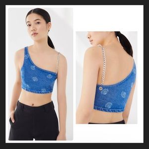 UO Clare Seashell Printed Denim Cropped Top Chain Strap